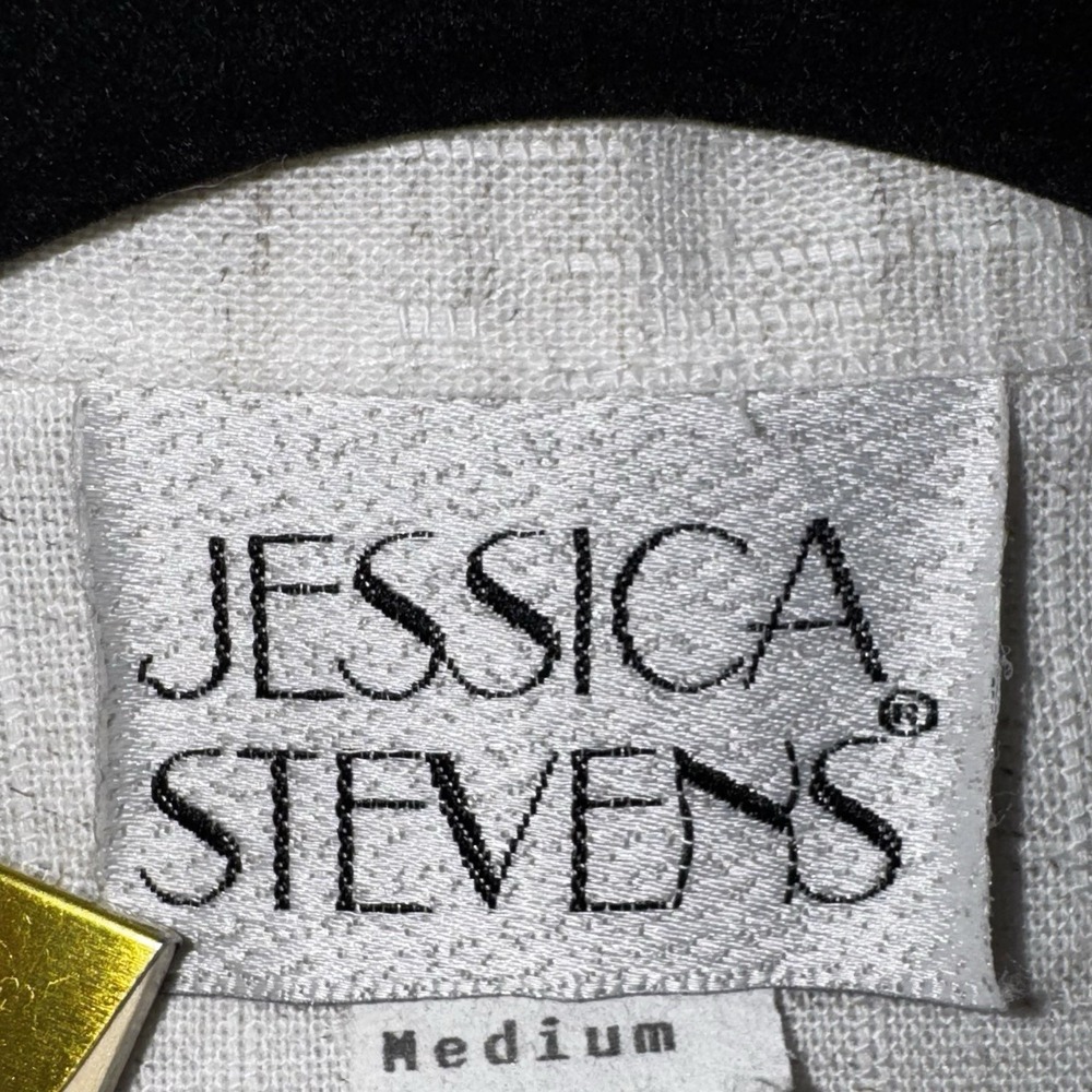 Jessica Stevens Linen Light Long Blazer Ivory Jacket Sz Medium USA Shoulder Pads - Picture 4 of 9